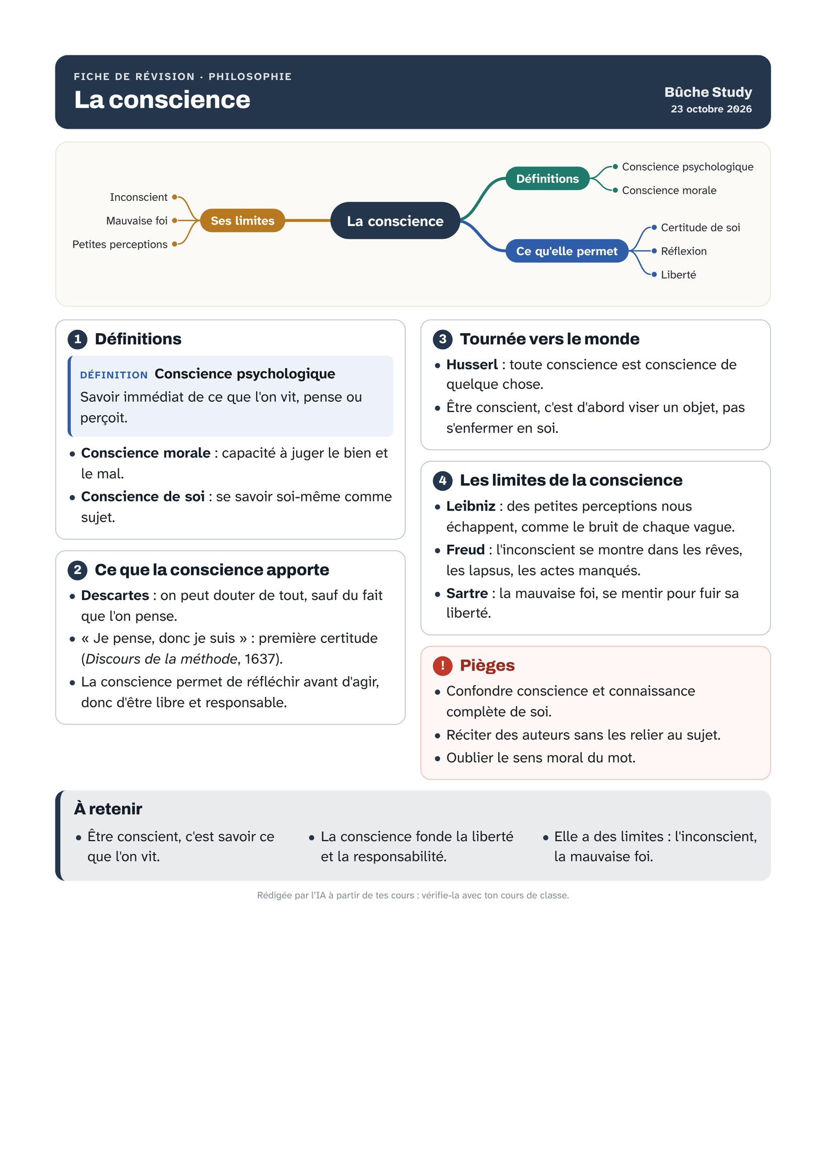 Exemple de fiche de révision créée par l'IA : la conscience, philosophie terminale