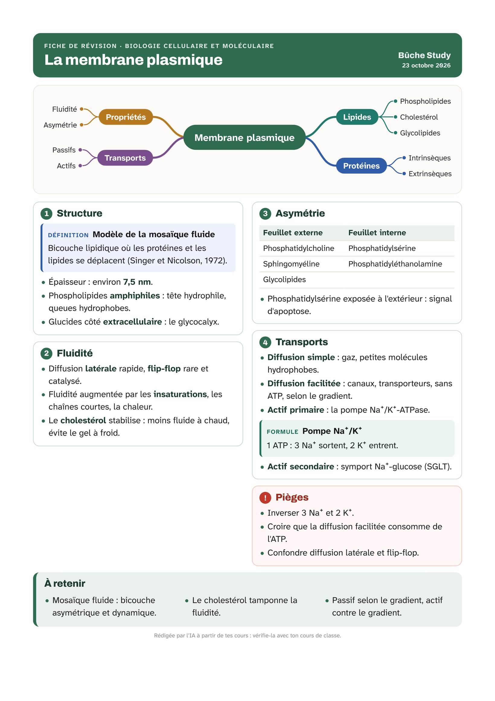 Exemple de fiche de révision créée par l'IA : la membrane plasmique, biologie cellulaire PASS